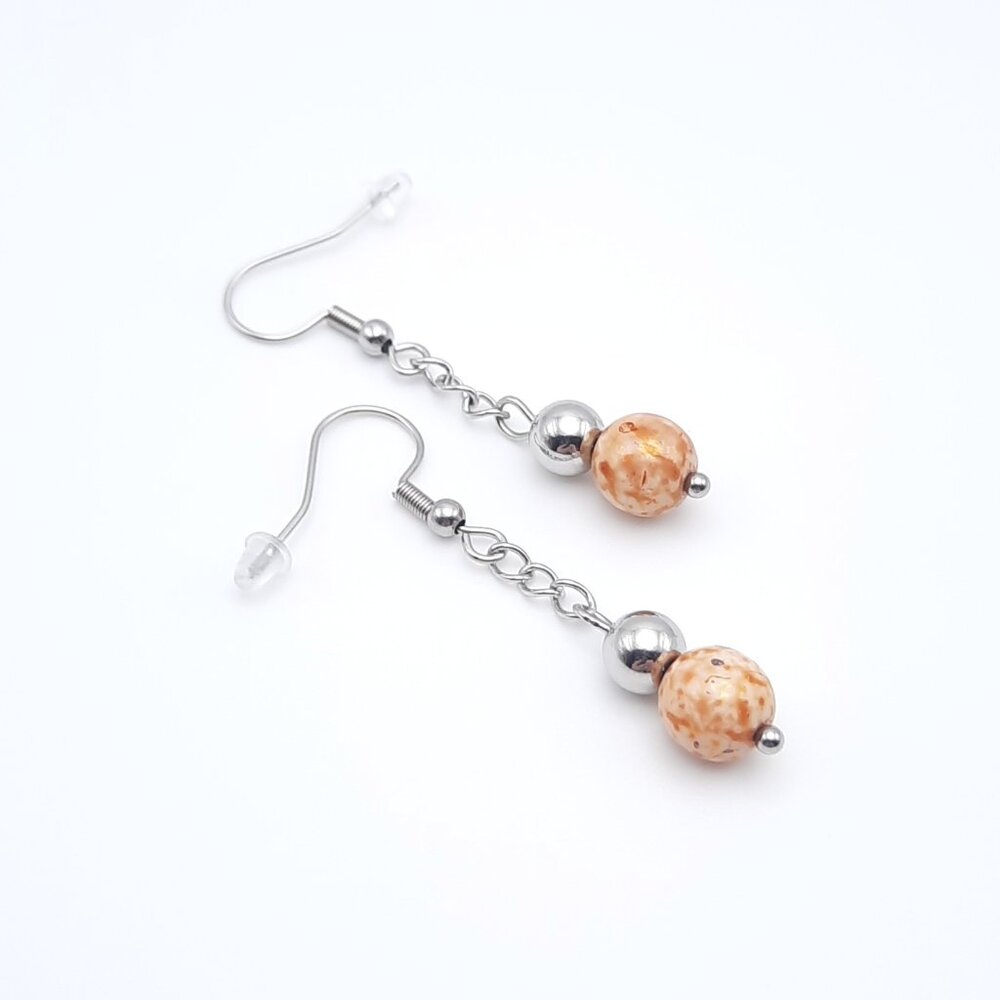 Orange Speckle Glass Silver Stainless Dangle Chain Earrings Handmade Jewelry